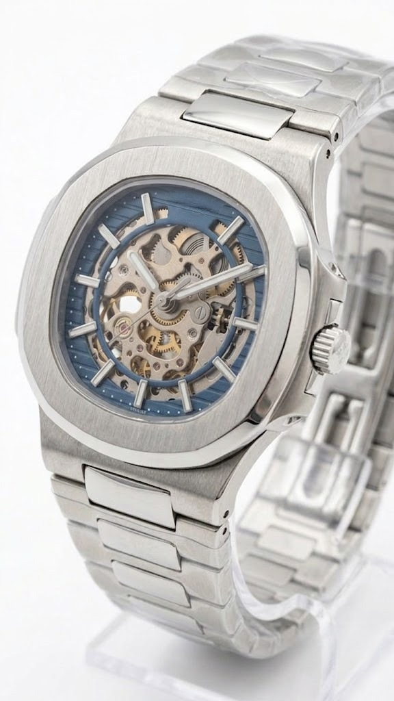 Nautilus-Inspired Luxury Skeleton Automatic Watch – Blue Dial, Integrated Stainless Steel Bracelet