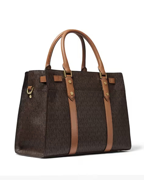 Michael Kors Women's Monogram Signature Satchel Shoulder Bag with Lock Charm & Strap - Brown #0027