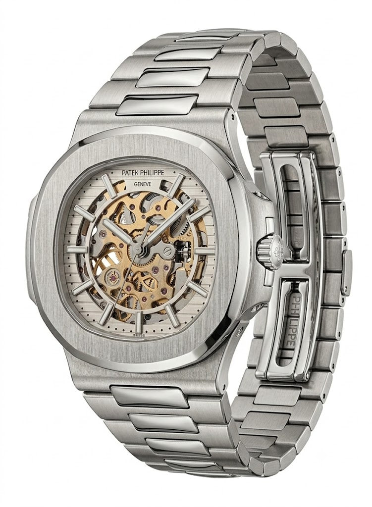 Luxury Skeleton Automatic Watch – Nautilus-Style Integrated Bracelet Design, Silver Stainless Steel Case & Bracelet