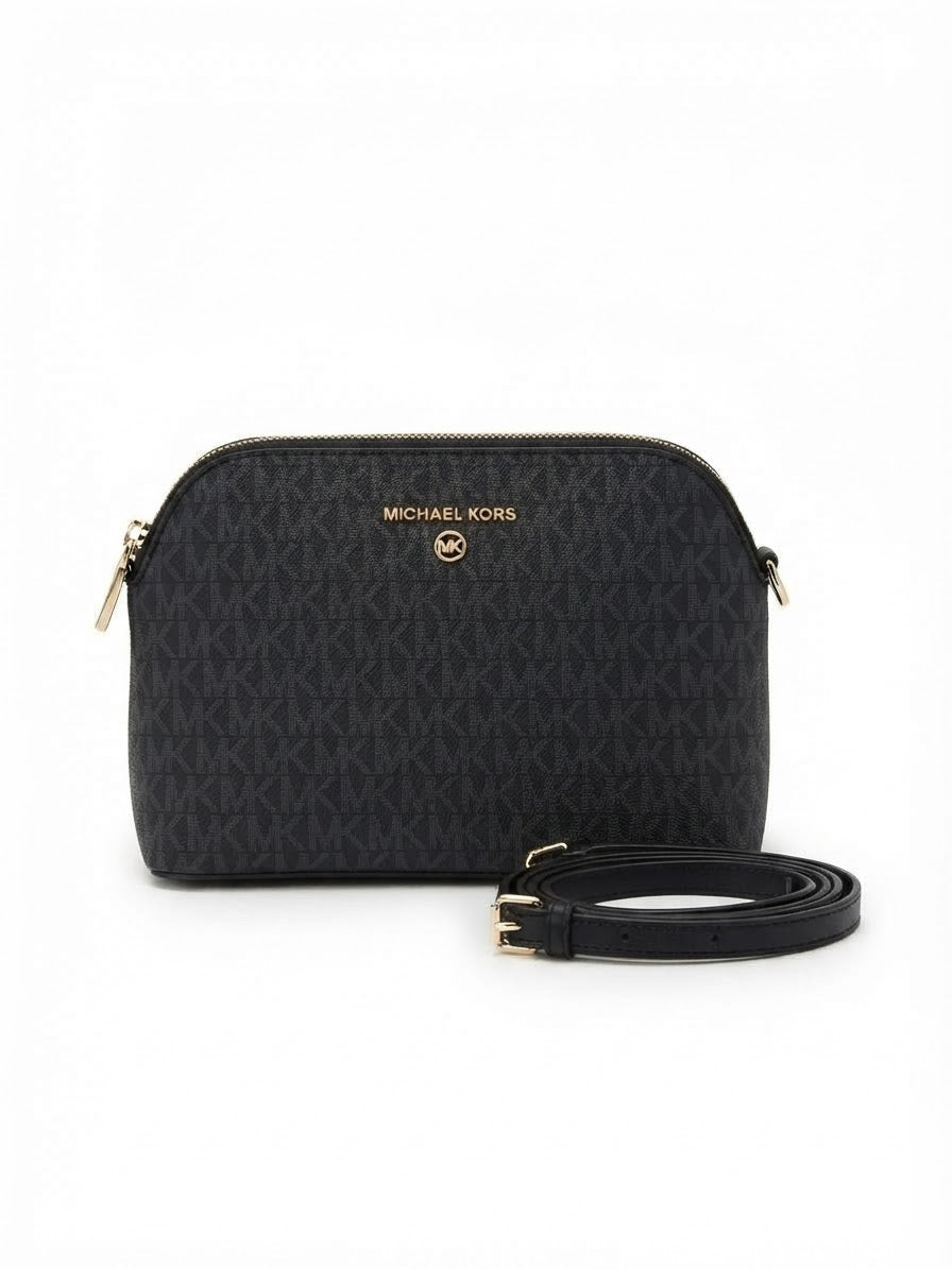 Women’s Black Signature Monogram Crossbody Bag – Two-Compartment Design with Gold-Tone Hardware#0044