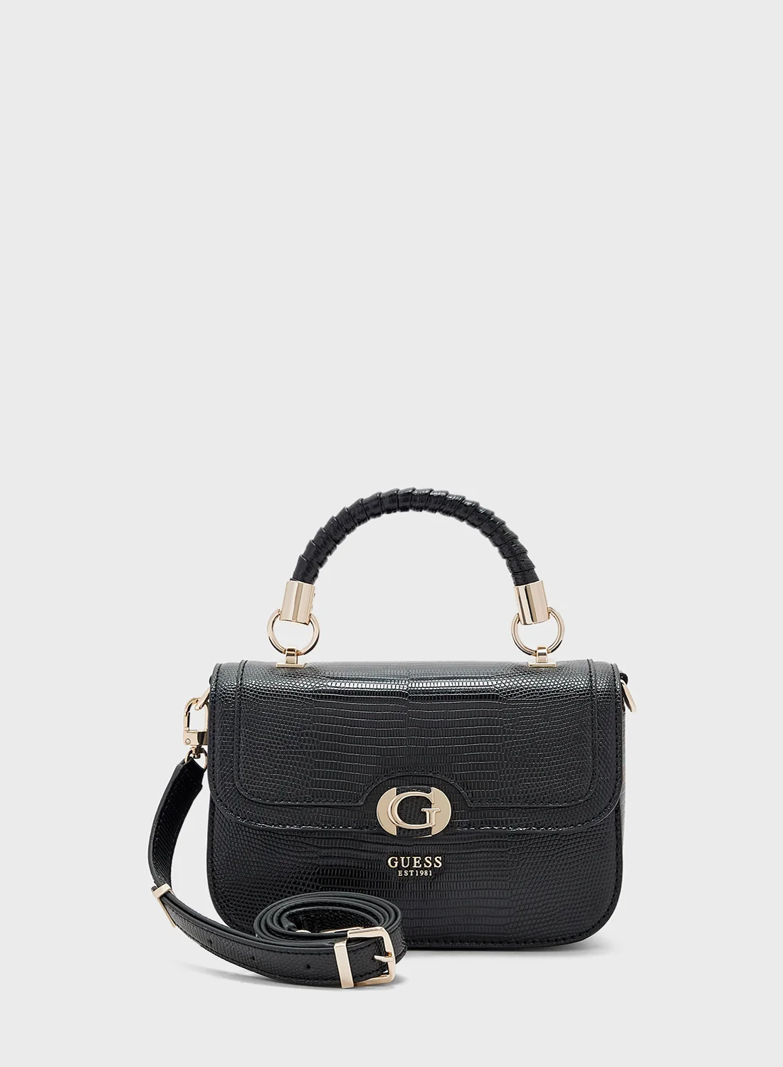GUESS Orlina Top Handle Crossbody Bag – Black Textured Faux Leather