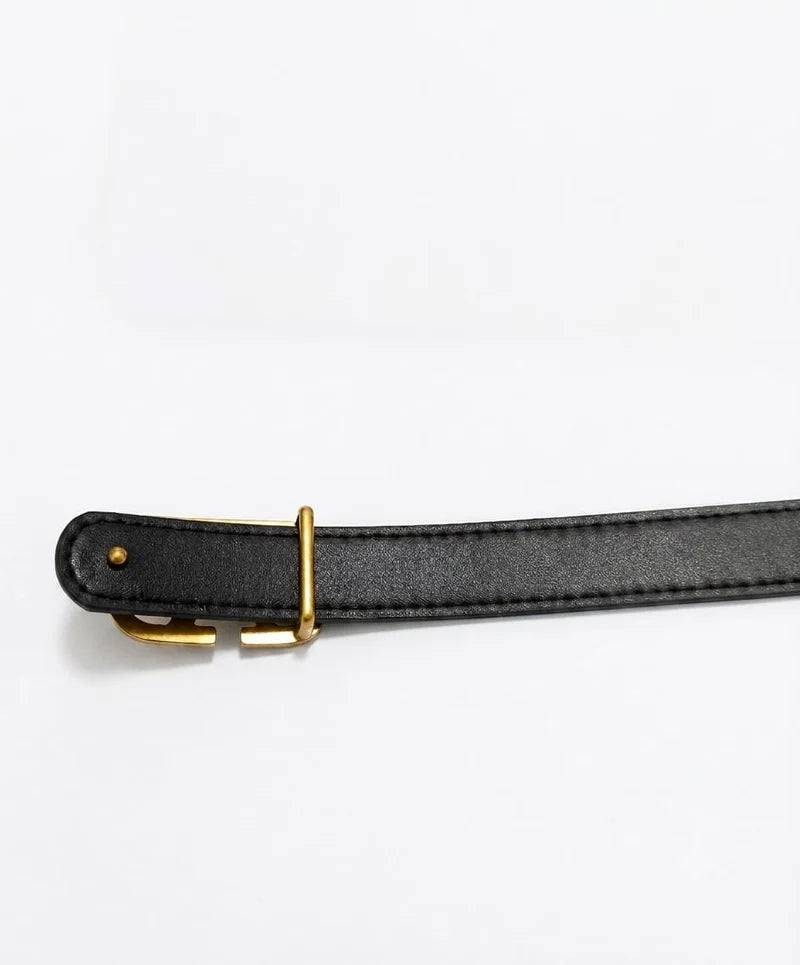 VALENTINO Women's Premium Leather Belt with Gold VLogo Buckle – Black#02