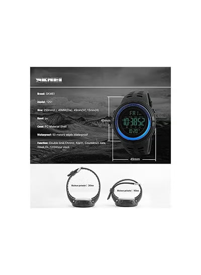 SKMEI 1251 Men's Digital Sports Watch with Silicone Rubber Strap, 50M Water Resistance & LED Backlight – Blue