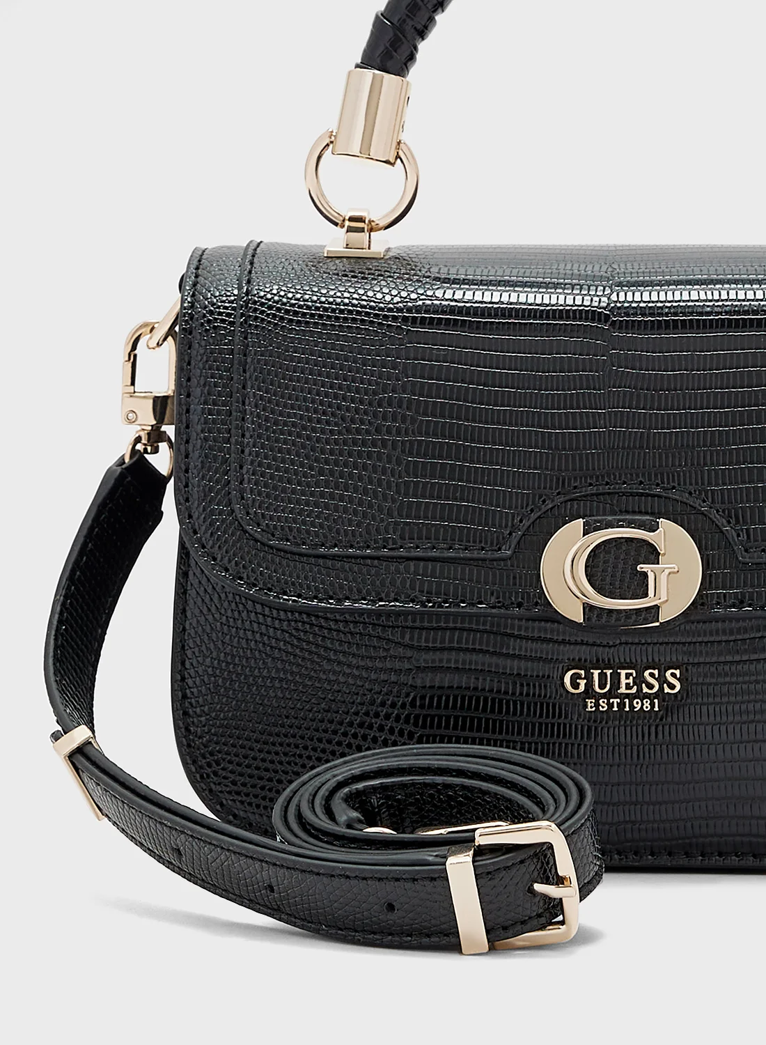 GUESS Orlina Top Handle Crossbody Bag – Black Textured Faux Leather