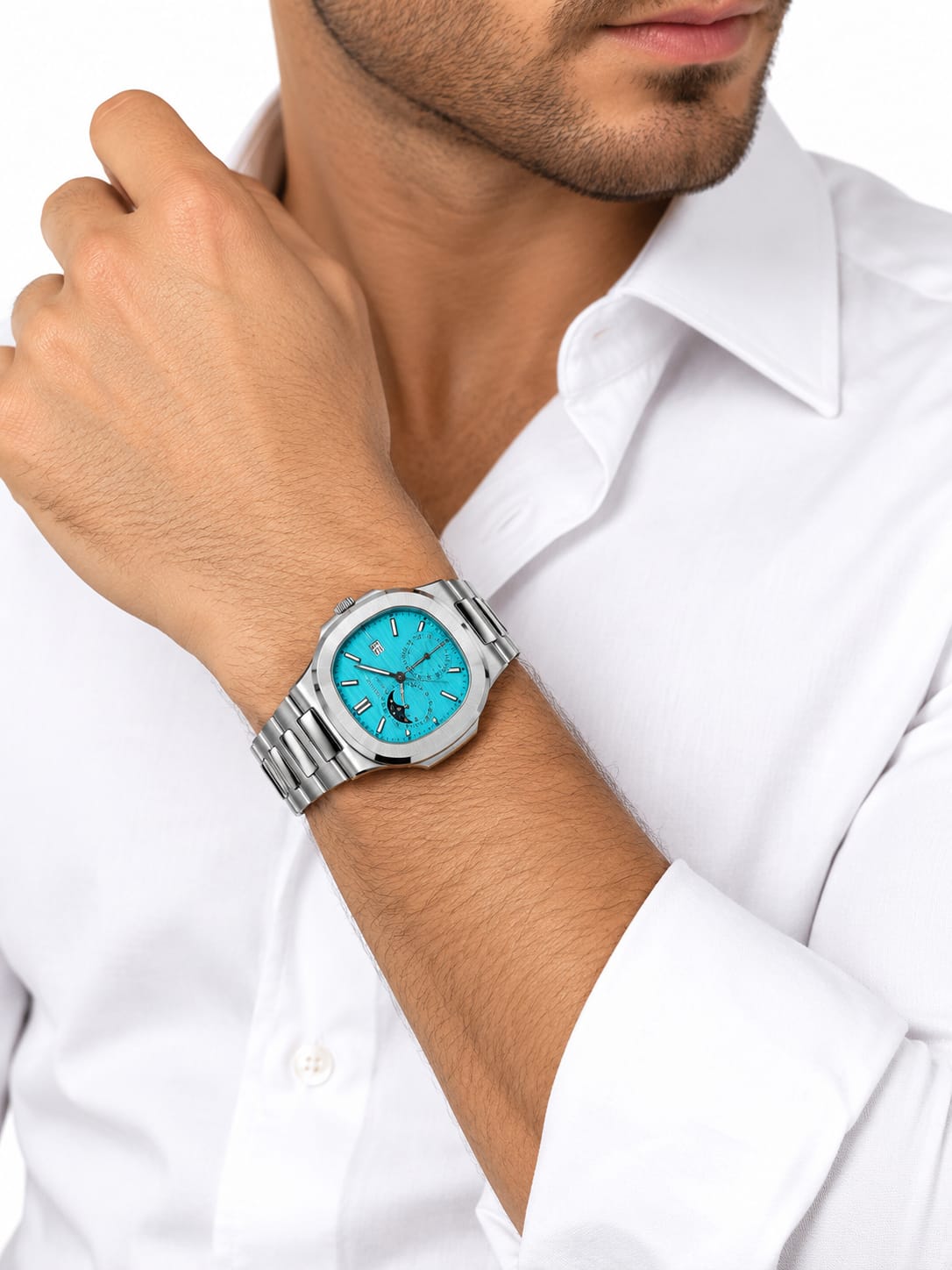 Patek Philippe Men's Stainless Steel Watch with Turquoise Dial, Multifunction Display and Date Calendar