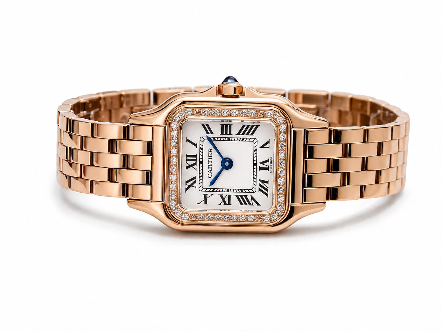 Cartier Panthère-Inspired Women’s Rose Gold-Tone Square Watch with Rhinestone-Set Bezel & White Dial (Small Case) Dimensions: 25.1 × 18.5 mm)