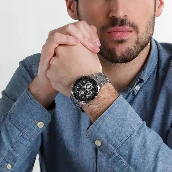 Casio Edifice Chronograph Watch for Men EFR-539D-1AV – Black Dial, Silver Stainless Steel Strap, Quartz Movement
