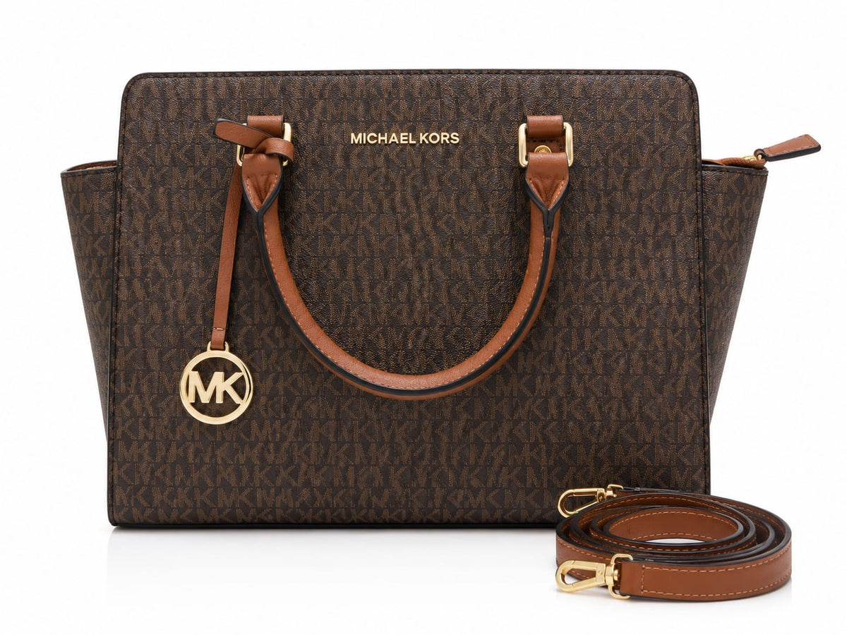 Michael Kors Women's Brown Signature Monogram Structured Tote Bag with Leather Handles#0038