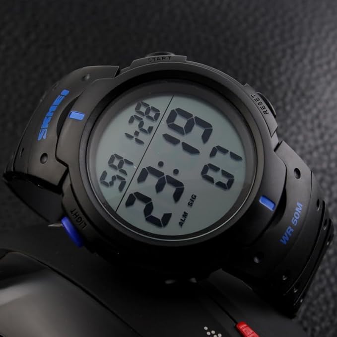 SKMEI 1068 Men's Multifunction Digital Sports Watch – Black & Blue, 50M Water Resistant, Large Display