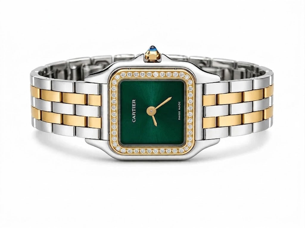Cartier Panthère-Inspired Women’s Two-Tone Gold & Silver Square Watch with Sparkling Rhinestone-Set Bezel & Green Dial (Small Case) Dimensions: 25.1 × 18.5 mm