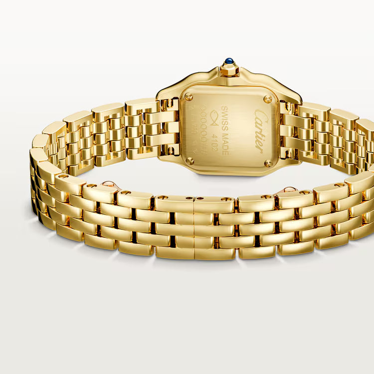 Cartier Panthère-Inspired Women’s Gold-Tone Square Watch with Stone-Set Bezel & White Dial (Extra Small Case) Dimensions: 25.1 × 18.5 mm