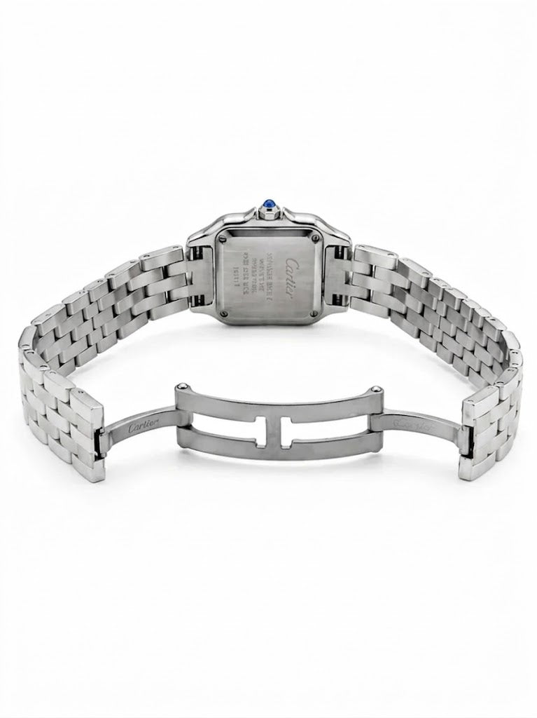 Cartier Panthère-Inspired Women’s Silver-Tone Square Watch with Sparkling Rhinestone-Set Bezel & Black Dial (Small Case) Dimensions: 25.1 × 18.5 mm