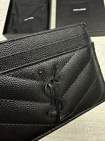 Saint Laurent Grain De Poudre Matelassé Chevron Monogram Credit Card Case – Black#14