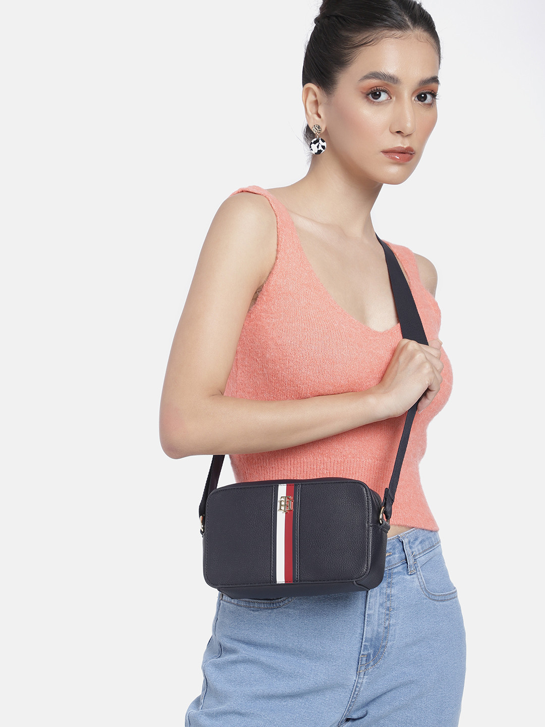 Tommy Hilfiger Striped Structured Sling Bag – Black, White & Red #21