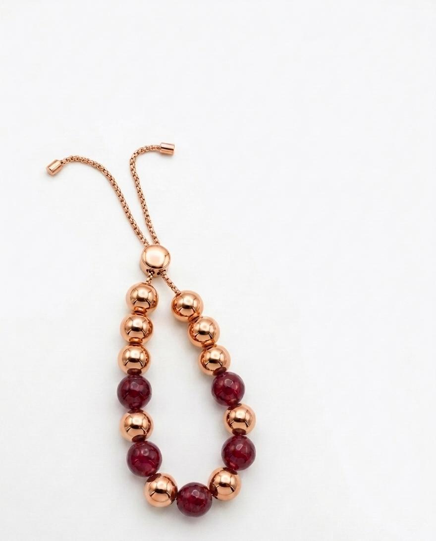 Elegant Rose Gold & Red Beaded Adjustable Bracelet with Premium Shine Finish#031