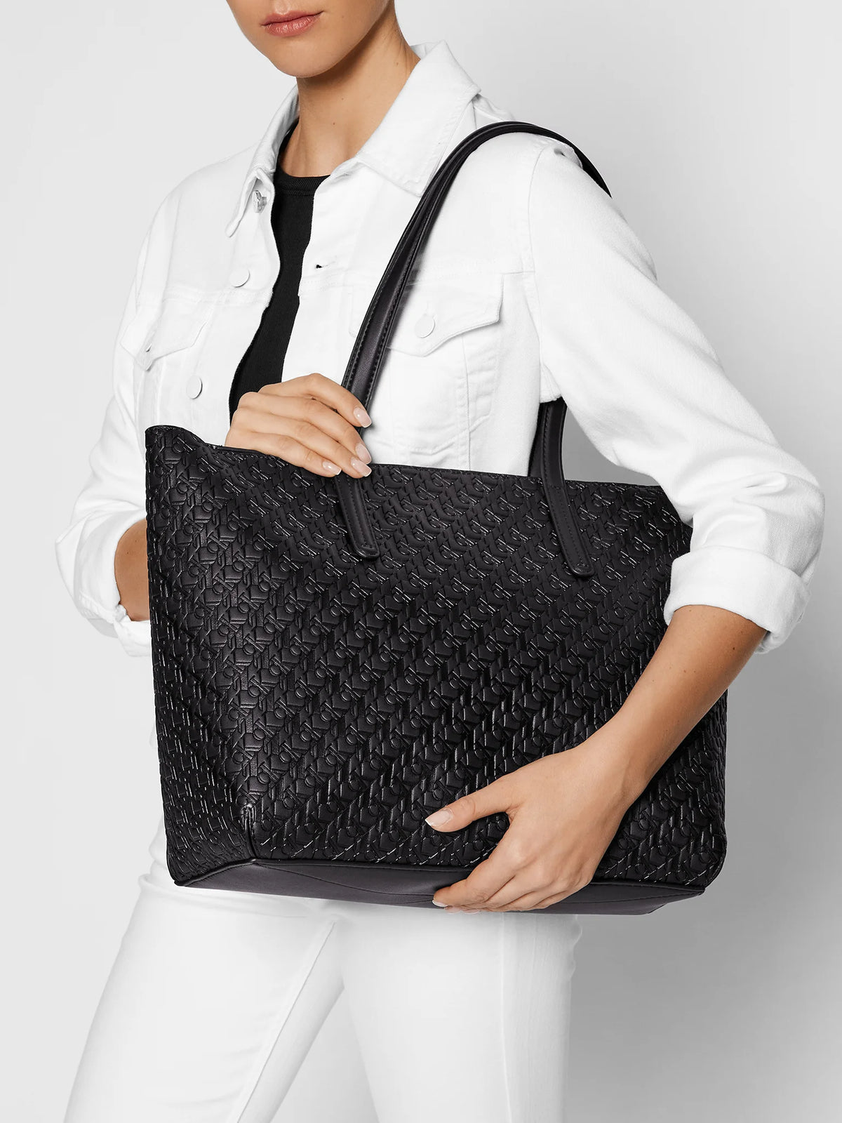Calvin Klein Jeans Monogram Embossed Black Shopper Tote Bag #0028