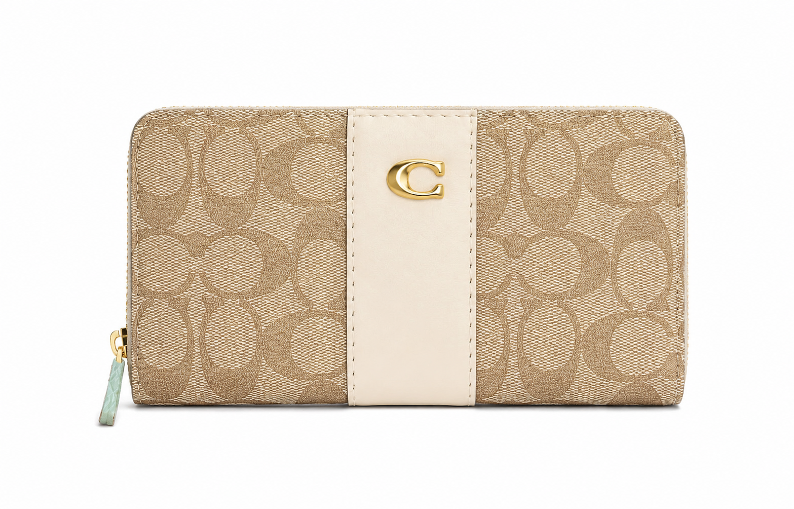 COACH Women's Signature Canvas Zip Around Wallet with Chalk Leather Stripe & Gold-Tone Hardware – Beige/Khaki#05
