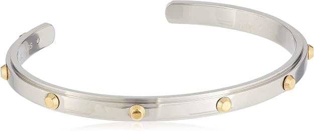 Elegant Silver Stainless Steel Open Cuff Bracelet with Gold Stud Accents – Modern Luxury Design#026