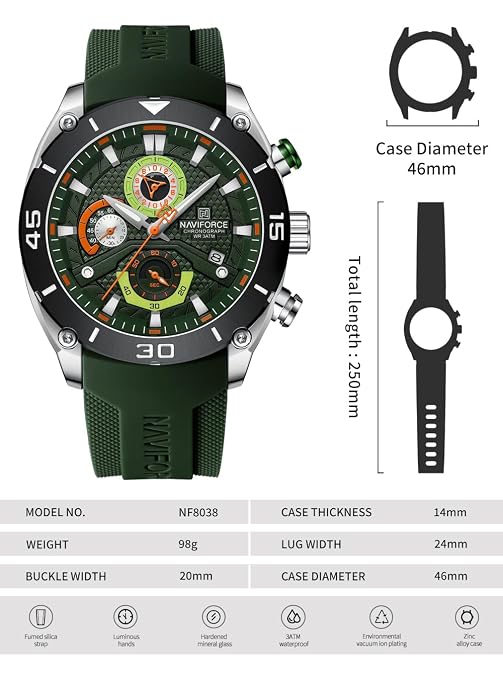 NAVIFORCE NF8038 Men's Chronograph Watch with Green Silicone Strap, 30M Water Resistant