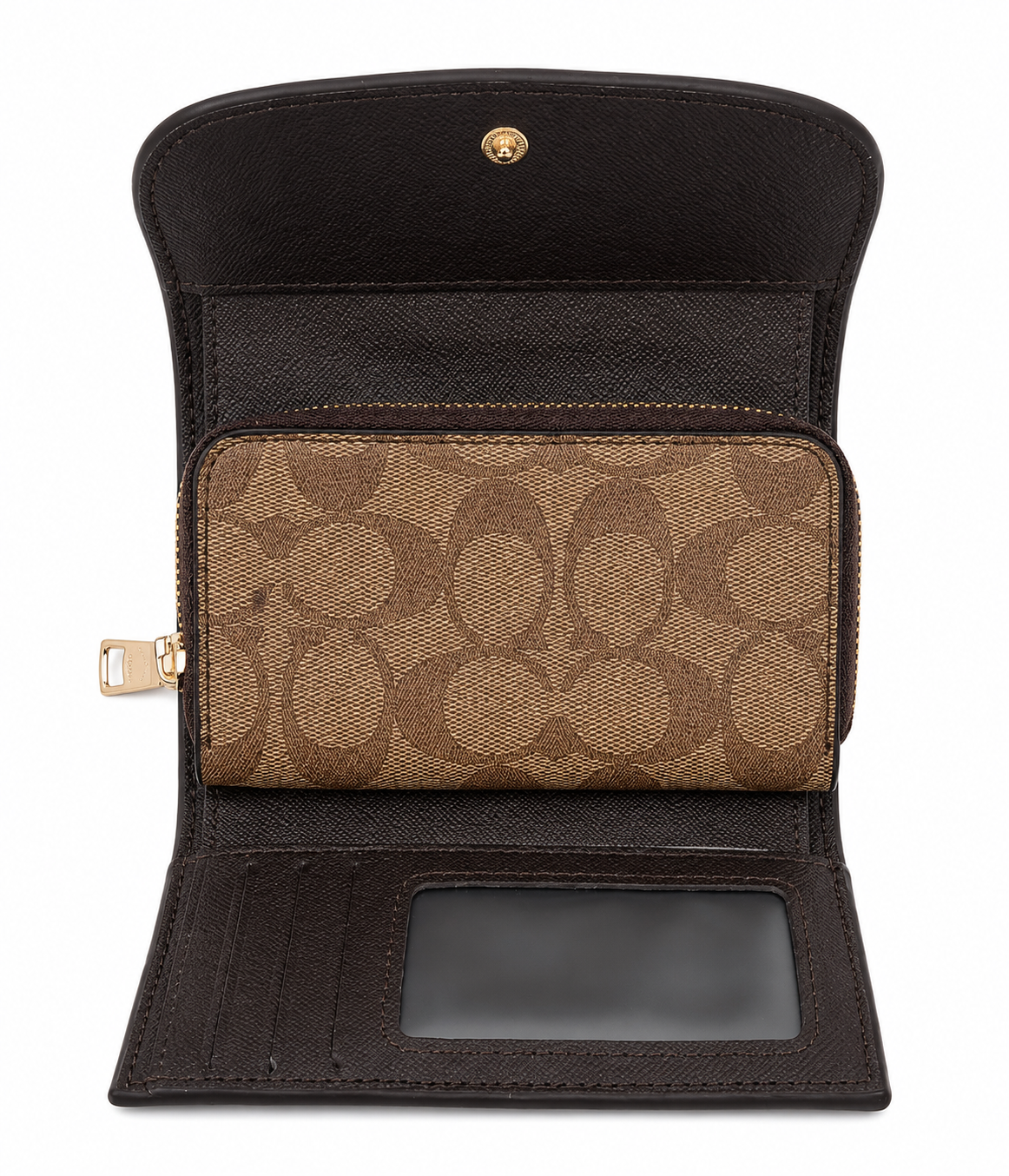 COACH Signature Women's Wallet – Brown | Zip Closure & Snap Button#01