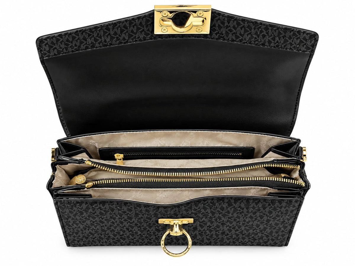 Women’s Black Monogram Crossbody Shoulder Bag with Gold-Tone Hardware#0074
