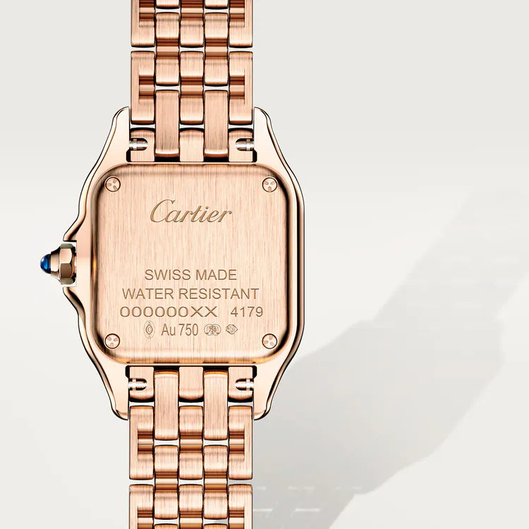Cartier Panthère-Inspired Women’s Rose Gold-Tone Square Watch with White Dial (Small Case) Dimensions: 25.1 × 18.5 mm
