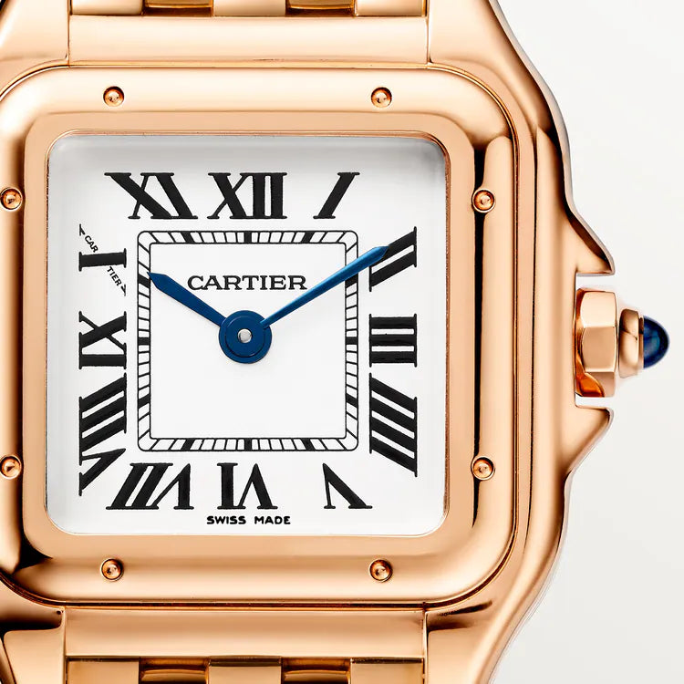 Cartier Panthère-Inspired Women’s Rose Gold-Tone Square Watch with White Dial (Small Case) Dimensions: 25.1 × 18.5 mm