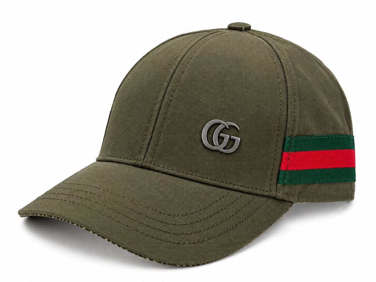 Men's Olive Green Baseball Cap with Embroidered Logo and Green-Red Side Stripes#10