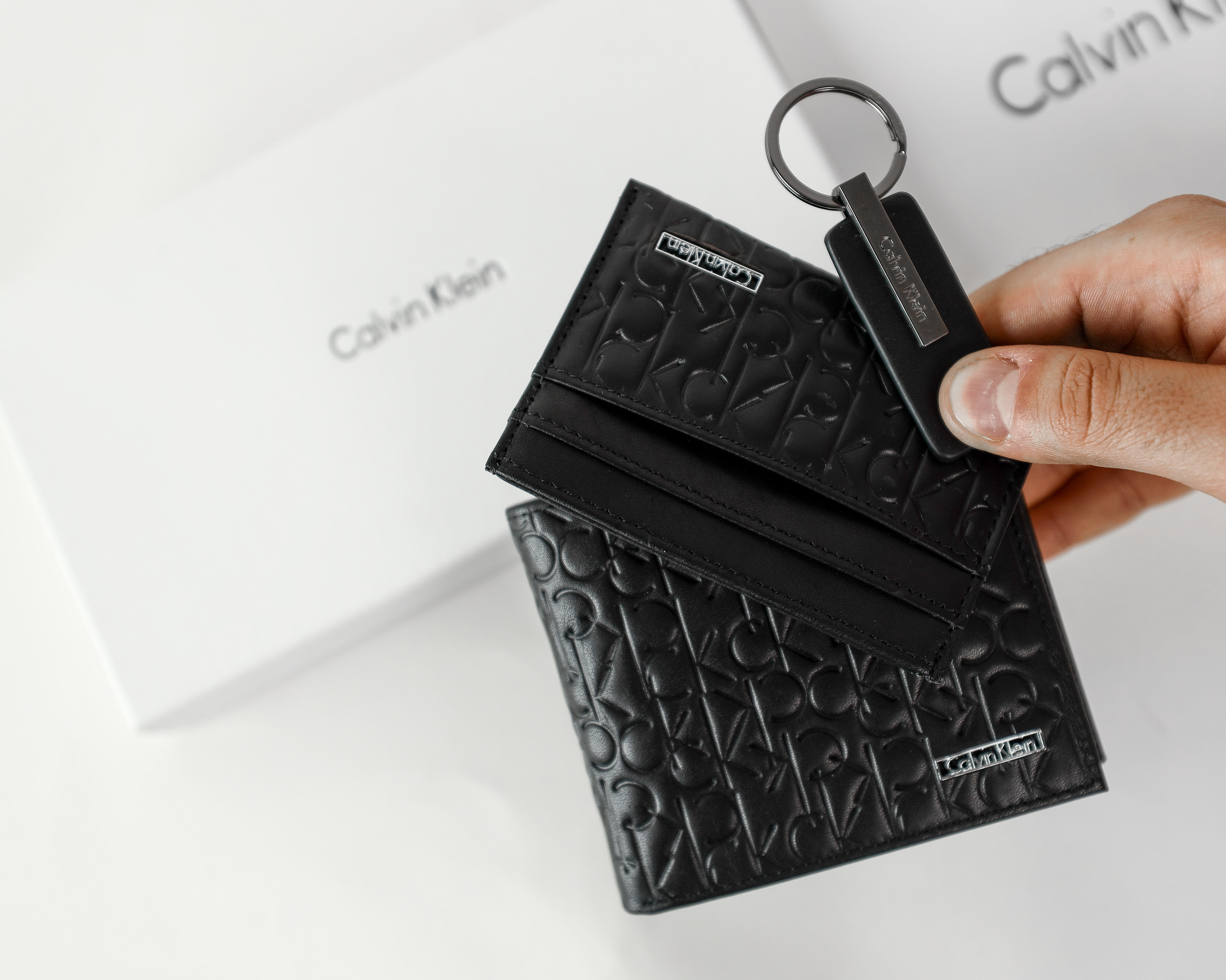 CK Black Monogram Leather Wallet-Keychain-Card Holder Set For Men #7