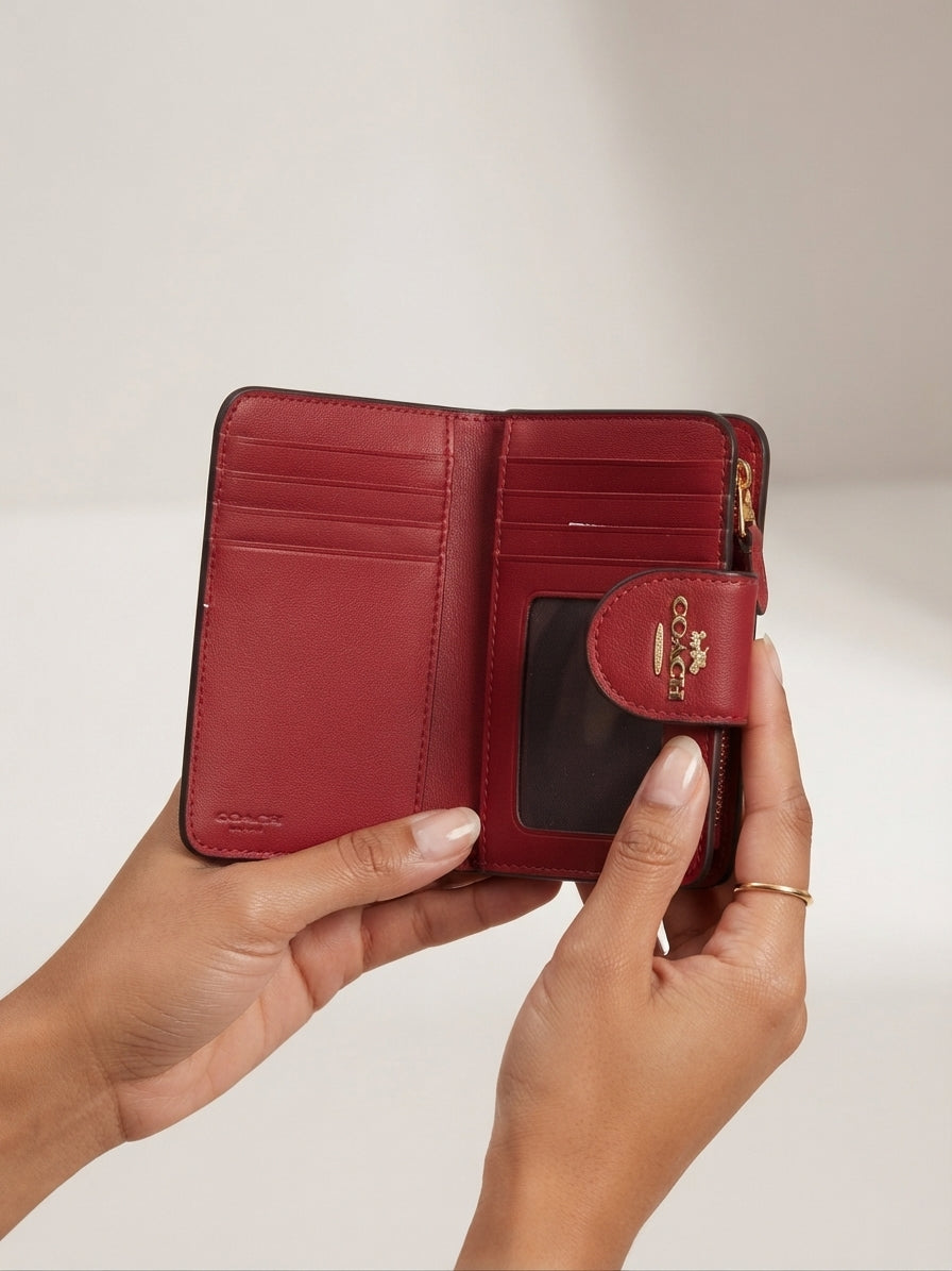 Coach Signature Medium Corner Zip Wallet - Brown/Red