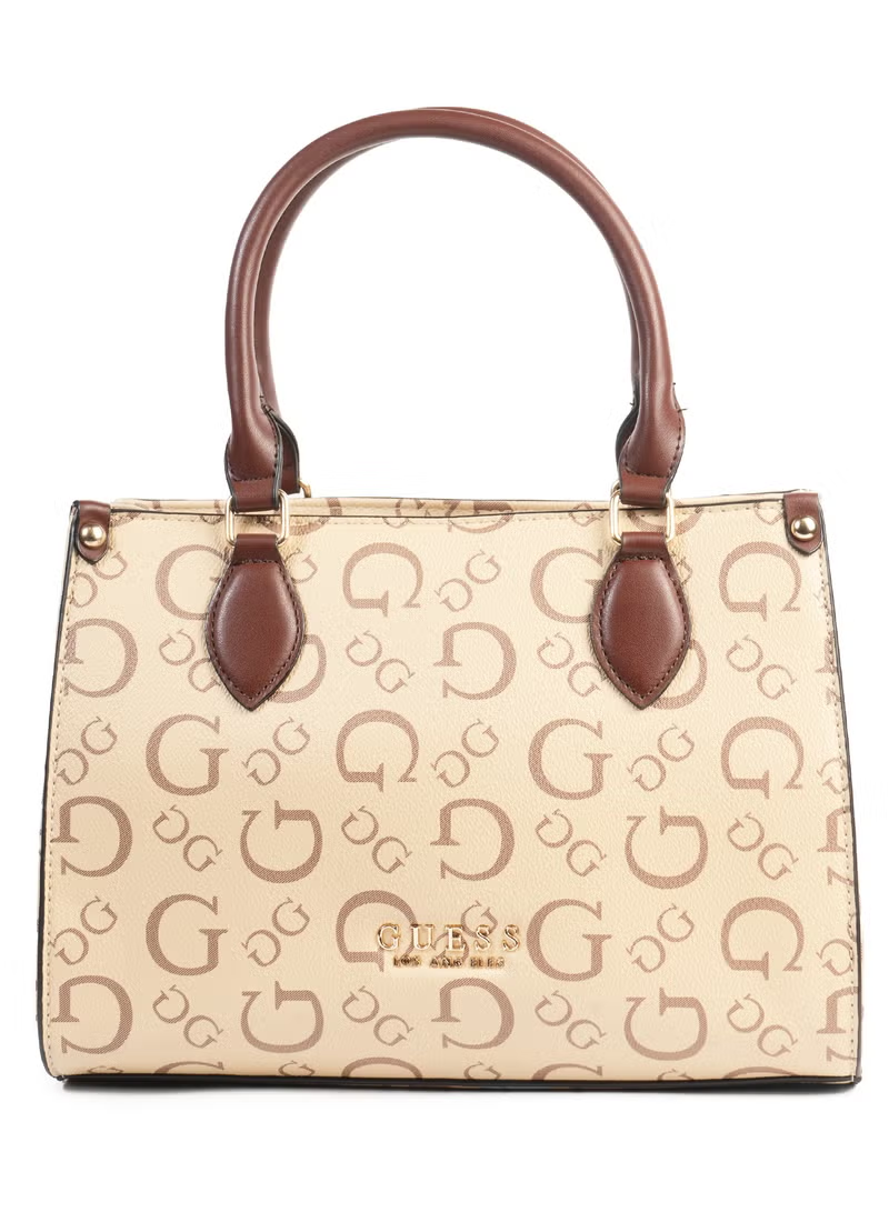 GUESS Beige Logo Crossbody Bag with Brown Handle – Women’s Designer Handbag