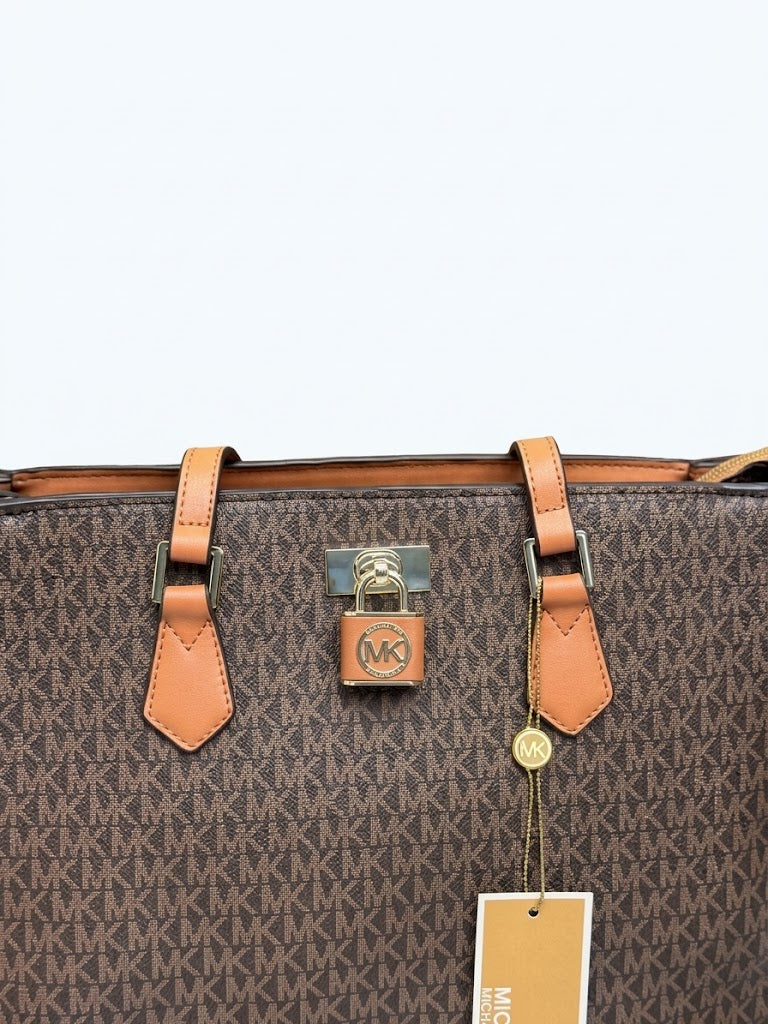 Michael Kors Women's Monogram Signature Medium Tote Shoulder Bag with Lock Charm - Brown #0033