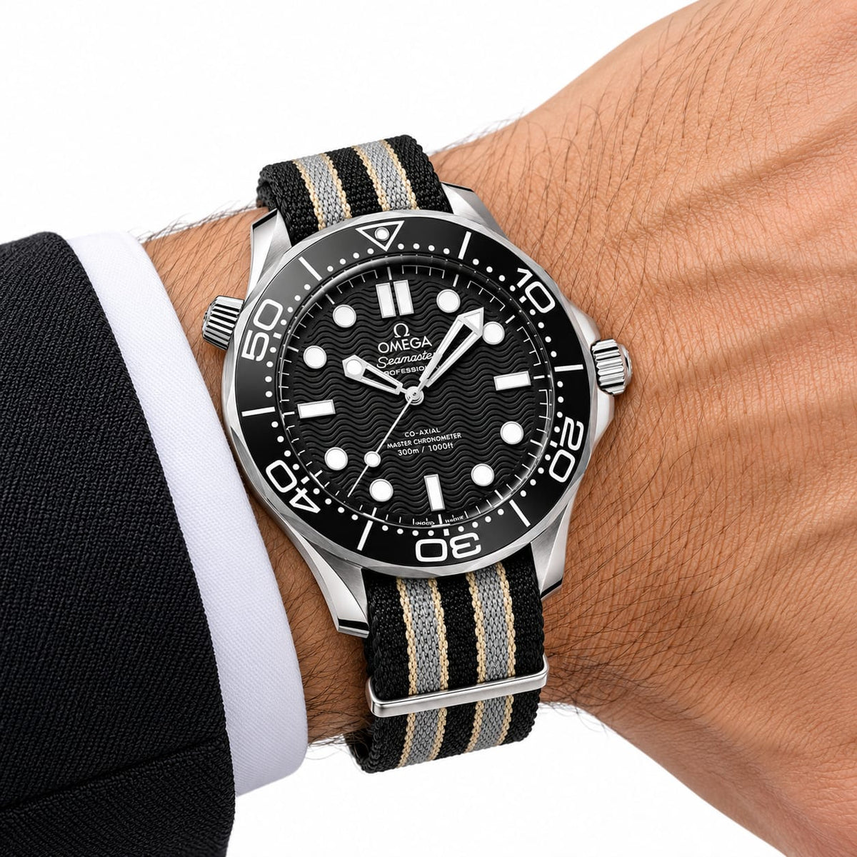OMEGA Seamaster Diver 300M Men's Automatic Watch with Black Dial and Fabric Strap, 42mm
