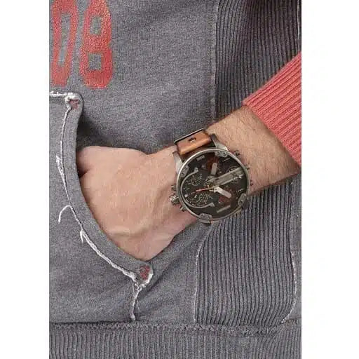 Diesel Mr. Daddy 2.0 DZ7332 Men’s Chronograph Watch – Brown Leather Strap, 57mm Oversized Case