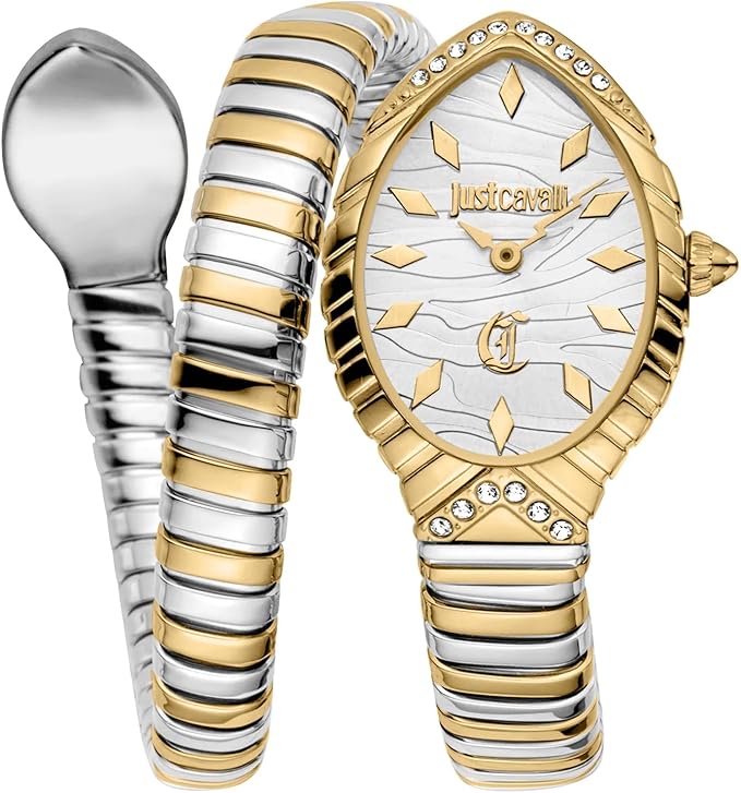 Just Cavalli Women’s JC1L322M0055 Quartz Watch – Unica Snake Design, Silver Dial & Two-Tone Stainless Steel Bracelet