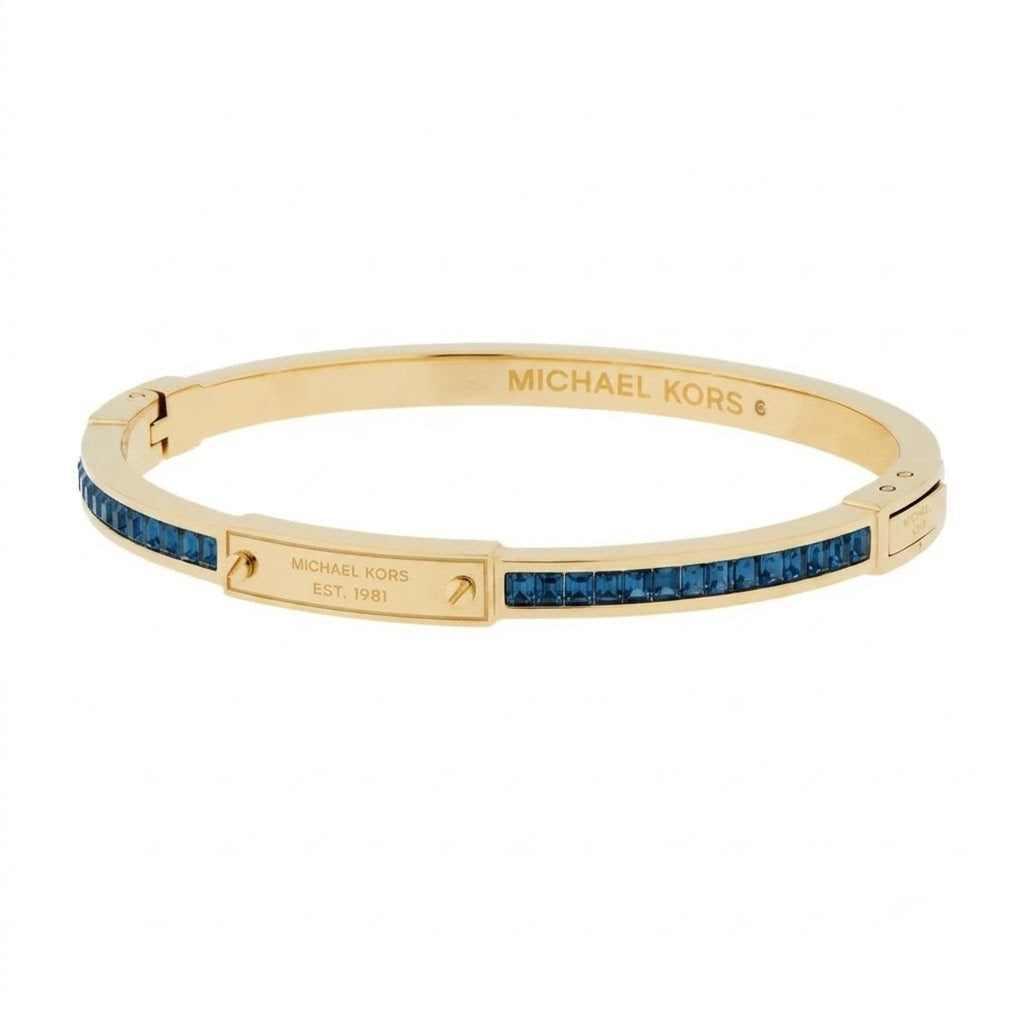 Women's Gold Stainless Steel Open Cuff Bracelet – Elegant Design with Blue High-Quality Glass Accents#023