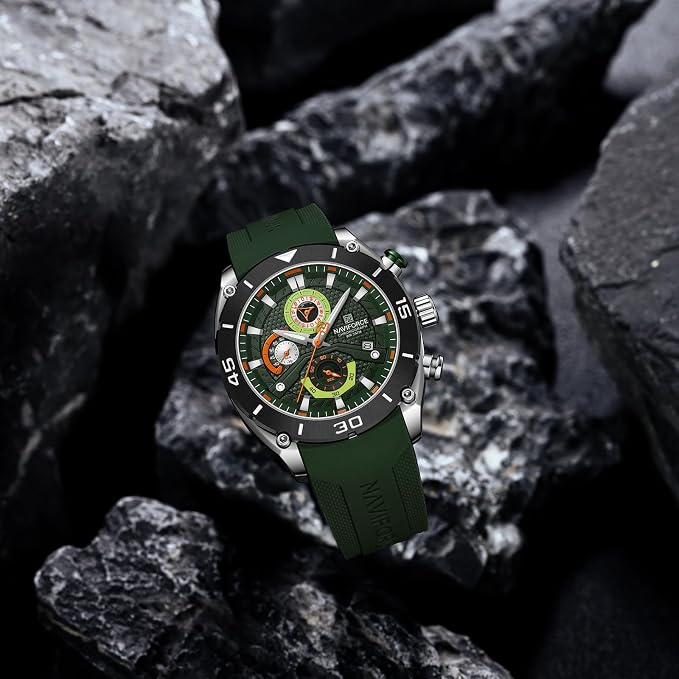 NAVIFORCE NF8038 Men's Chronograph Watch with Green Silicone Strap, 30M Water Resistant