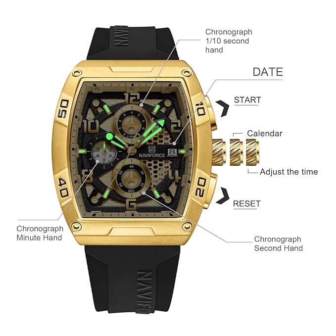 Naviforce NF8052 G/G/B Luminous Hollow Dial Barrel-shaped Sports Watch