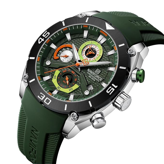 NAVIFORCE NF8038 Men's Chronograph Watch with Green Silicone Strap, 30M Water Resistant