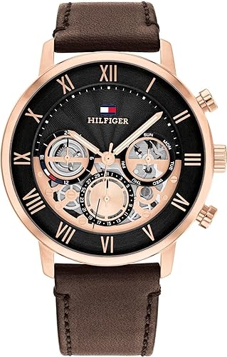 Tommy Hilfiger Legend Men's Watch 1710566 – Black Dial, Brown Leather Strap, Rose Gold Case