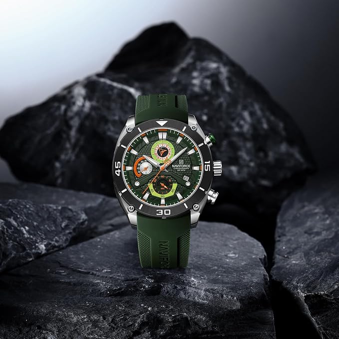 NAVIFORCE NF8038 Men's Chronograph Watch with Green Silicone Strap, 30M Water Resistant