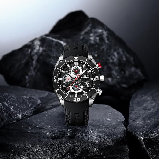 NAVIFORCE NF8038 Men's Chronograph Watch with Black Silicone Strap, 30M Water Resistant
