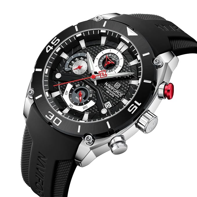 NAVIFORCE NF8038 Men's Chronograph Watch with Black Silicone Strap, 30M Water Resistant