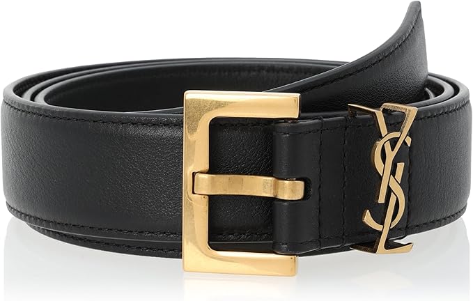 Yves Saint Laurent (YSL) Women's Leather Belt 634437 BOO0W – Black with Gold Monogram Buckle (Parallel Import)#01