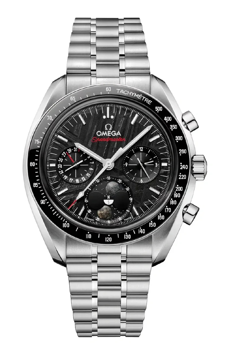 Omega Speedmaster Moonphase Men's Watch – Black Meteorite Dial & Stainless Steel Bracelet