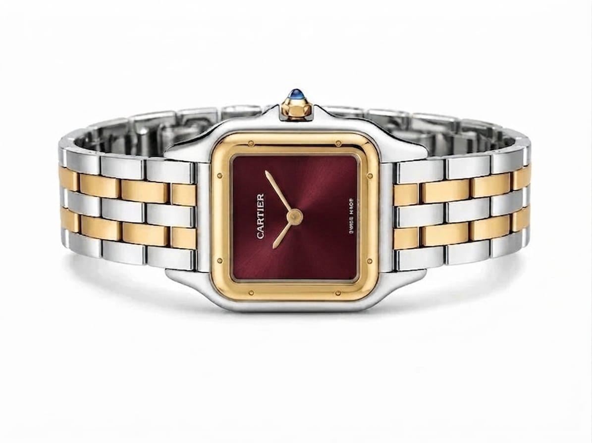 Cartier Panthère-Inspired Women’s Two-Tone Silver & Gold Square Watch with Burgundy Dial (Small Case) Dimensions: 25.1 × 18.5 mm