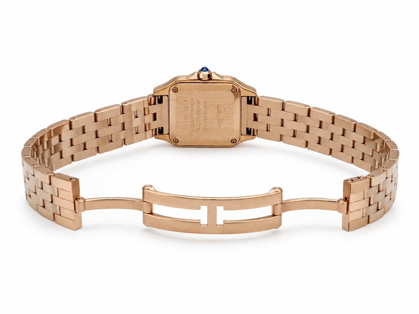 Cartier Panthère-Inspired Women’s Rose Gold-Tone Square Watch with Rhinestone-Set Bezel & White Dial (Small Case) Dimensions: 25.1 × 18.5 mm)