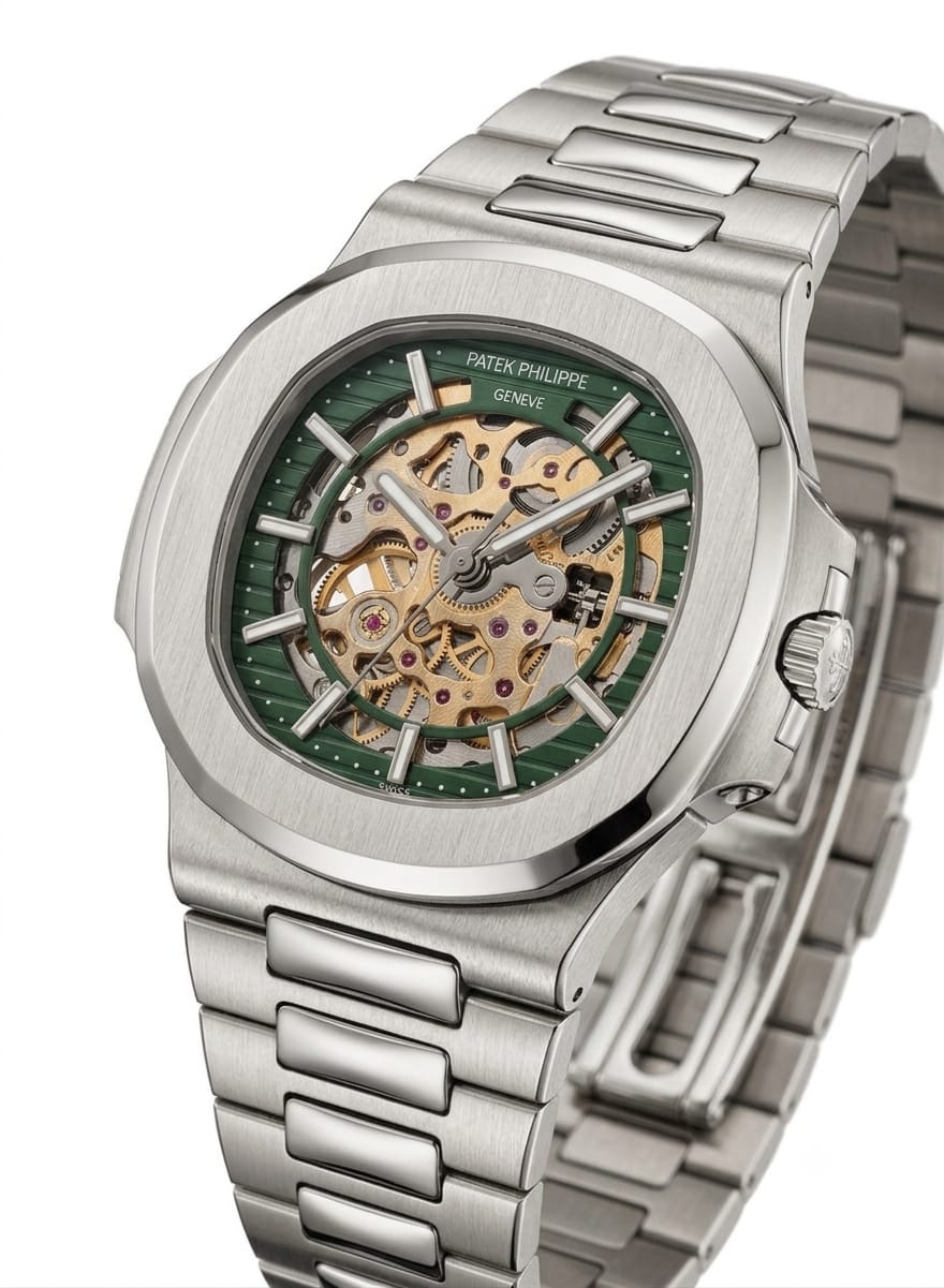 Luxury Nautilus-Inspired Skeleton Automatic Watch – Green Dial, Integrated Stainless Steel Bracelet