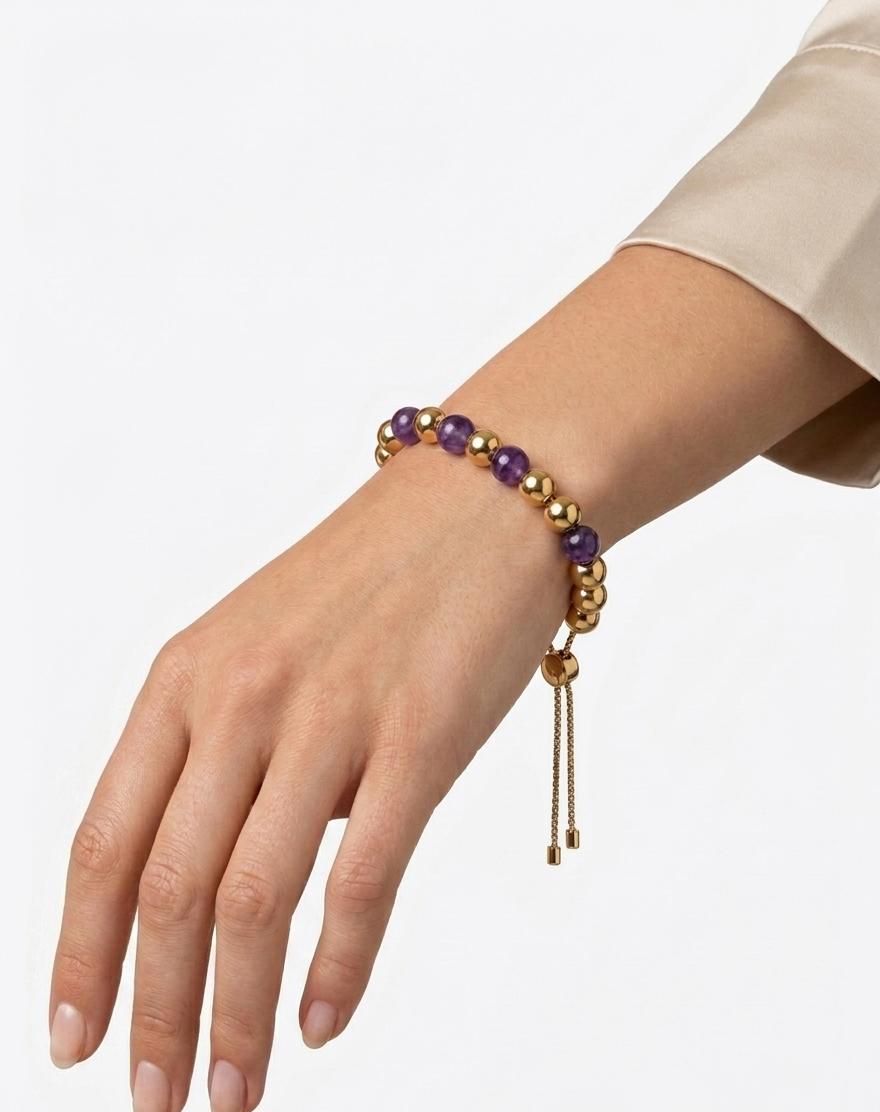 Elegant Gold & Purple Beaded Adjustable Bracelet with Crystal Shine Finish#028
