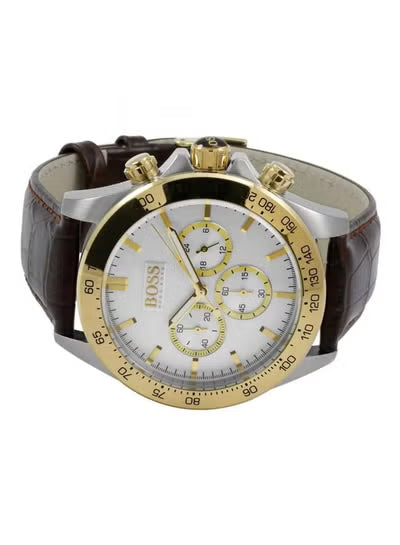 Hugo Boss Ikon 1513174 Men’s Watch – Silver Dial, Brown Leather Strap, Quartz Chronograph, 44mm, 100M Water Resistant